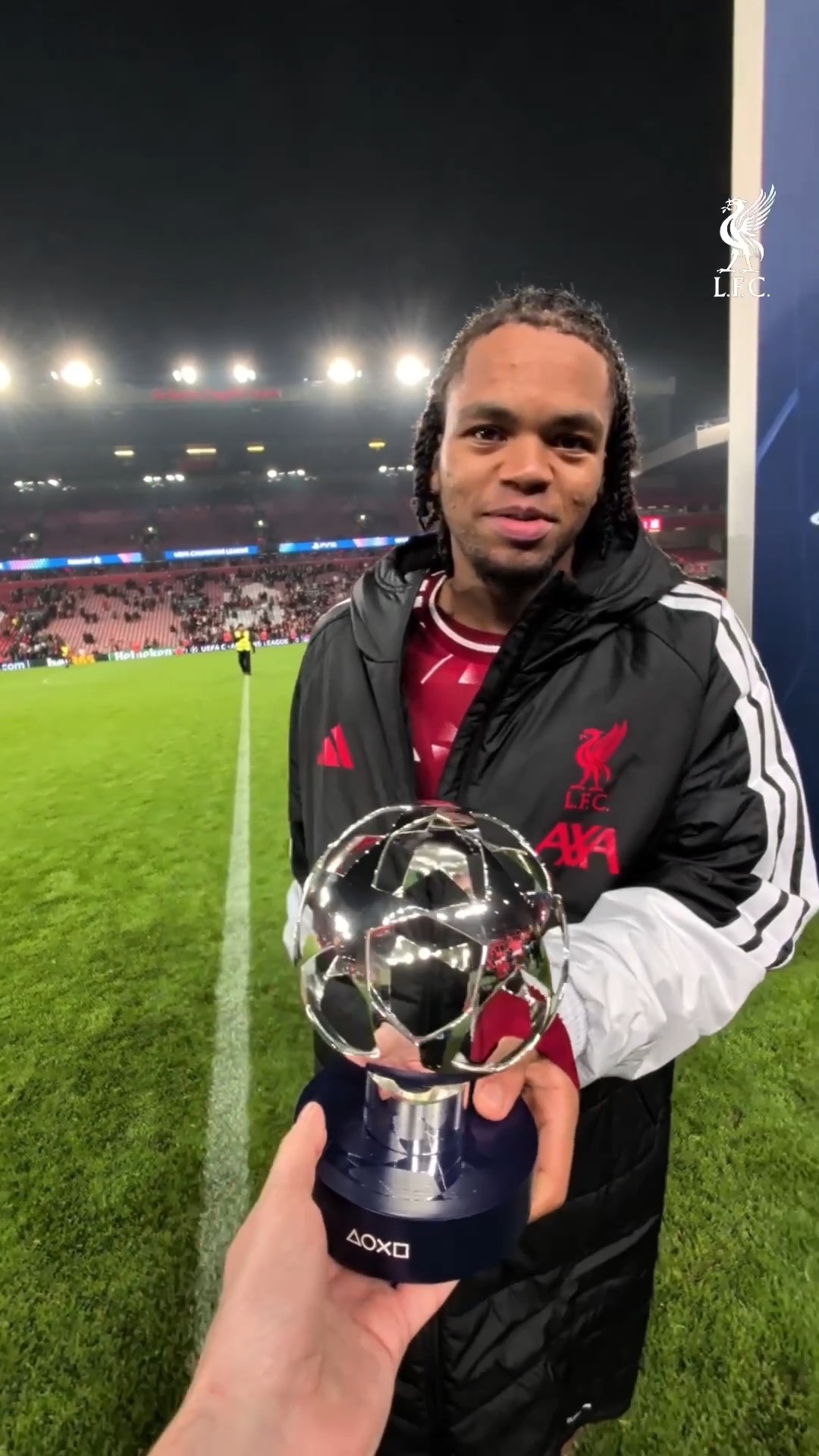 Some performance 👏 Rio Ngumoha presented with his #UCL Player of the Match trophy 🏆